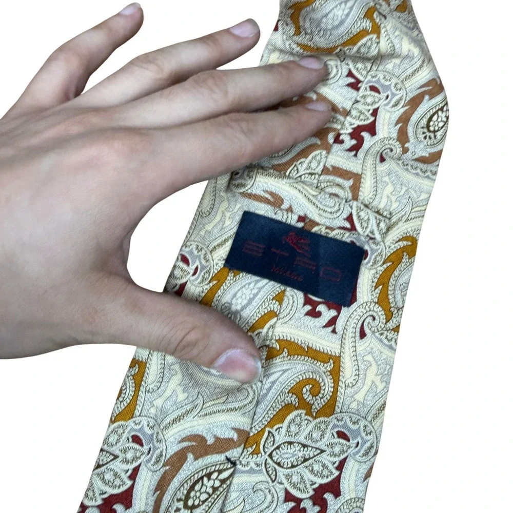 Etro Milano Tie Mens OS Tan Paisley 100% Linen Made In Italy Luxury Necktie